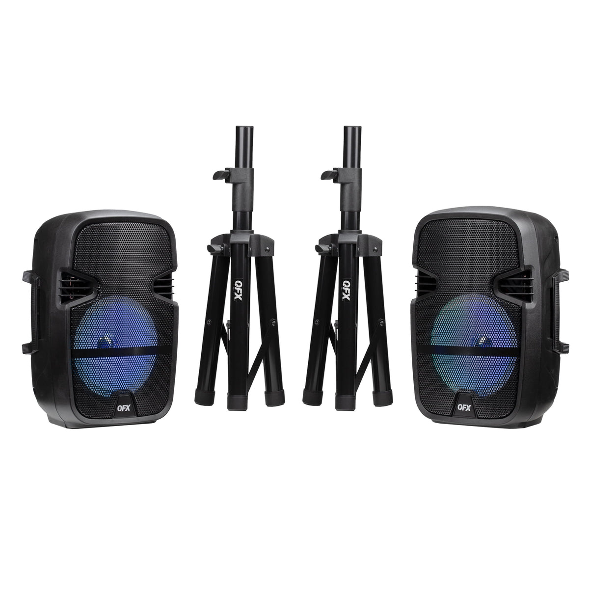 Unleash the Fun with the PBX-808TWS Dual 8-Inch Portable Bluetooth PA Speaker System - Complete with Stands, Wired Mics, and Dynamic LED Lights!