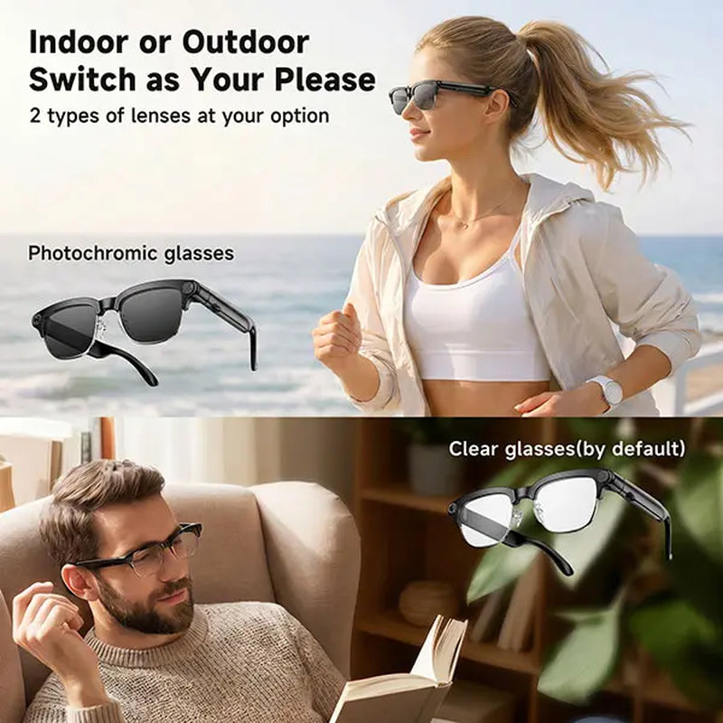 TOOBUR Lightweight Casual Audio Smart Glasses - Open Ear Bluetooth Rechargeable Lens HD Headphones, 8MP Camera, Video Recording, Touch Control, Call Answering, Real-Time Translation, AI Assistant, Photochromic Lenses (Cool Gifts for Adults)