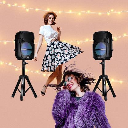 Unleash the Fun with the PBX-808TWS Dual 8-Inch Portable Bluetooth PA Speaker System - Complete with Stands, Wired Mics, and Dynamic LED Lights!