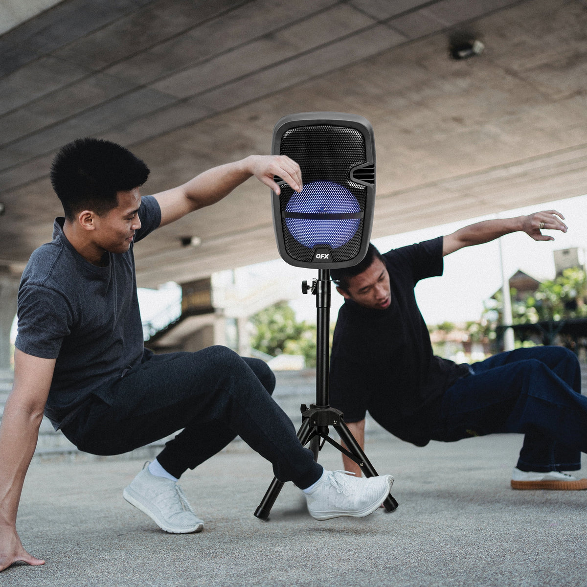 Unleash the Fun with the PBX-808TWS Dual 8-Inch Portable Bluetooth PA Speaker System - Complete with Stands, Wired Mics, and Dynamic LED Lights!