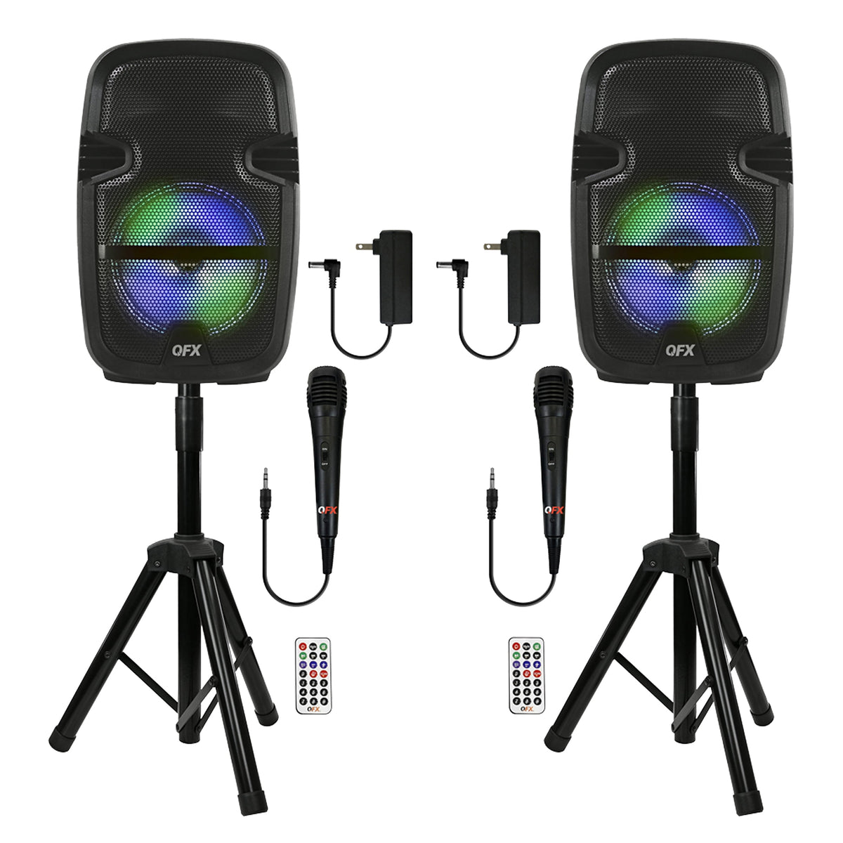 Unleash the Fun with the PBX-808TWS Dual 8-Inch Portable Bluetooth PA Speaker System - Complete with Stands, Wired Mics, and Dynamic LED Lights!