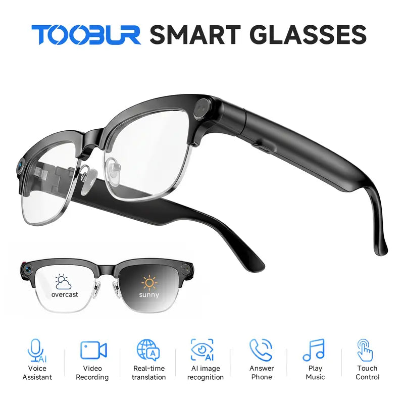 TOOBUR Lightweight Casual Audio Smart Glasses - Open Ear Bluetooth Rechargeable Lens HD Headphones, 8MP Camera, Video Recording, Touch Control, Call Answering, Real-Time Translation, AI Assistant, Photochromic Lenses (Cool Gifts for Adults)