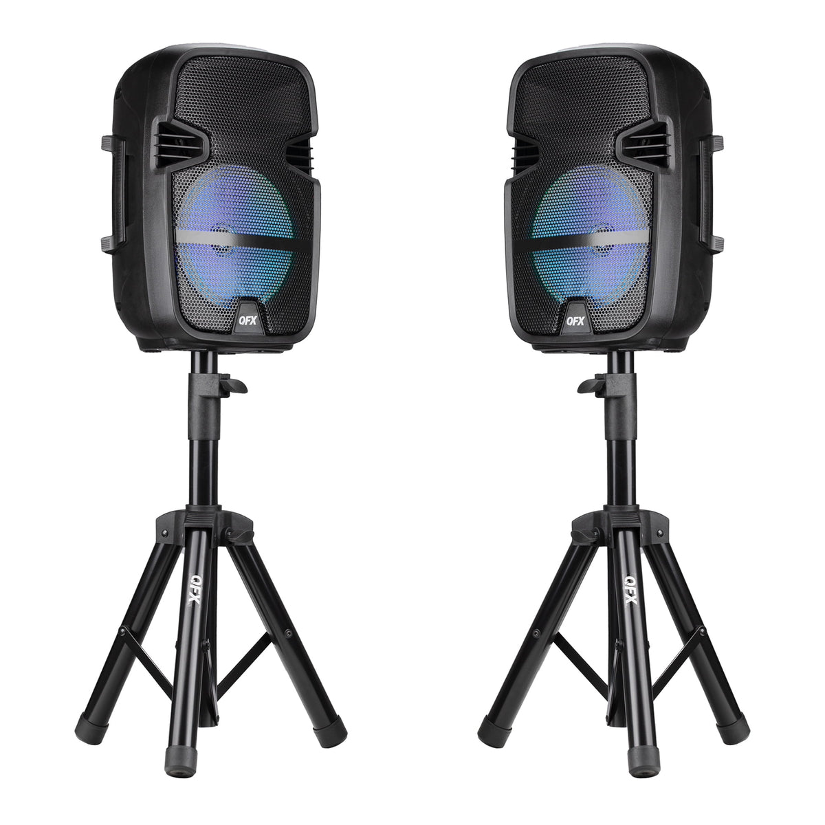 Unleash the Fun with the PBX-808TWS Dual 8-Inch Portable Bluetooth PA Speaker System - Complete with Stands, Wired Mics, and Dynamic LED Lights!