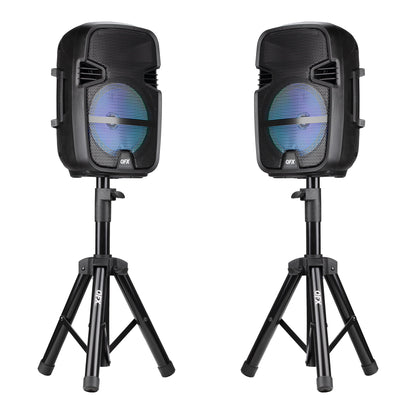 Unleash the Fun with the PBX-808TWS Dual 8-Inch Portable Bluetooth PA Speaker System - Complete with Stands, Wired Mics, and Dynamic LED Lights!