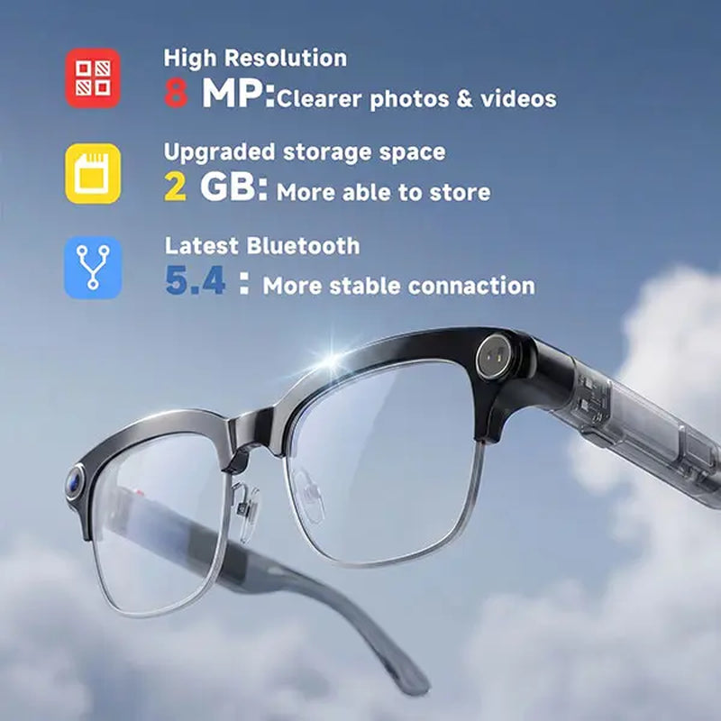TOOBUR Lightweight Casual Audio Smart Glasses - Open Ear Bluetooth Rechargeable Lens HD Headphones, 8MP Camera, Video Recording, Touch Control, Call Answering, Real-Time Translation, AI Assistant, Photochromic Lenses (Cool Gifts for Adults)